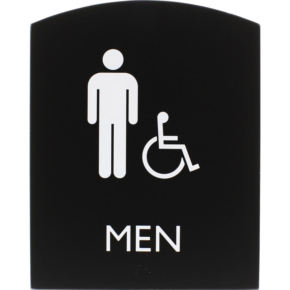 Lorell Arched Men's Handicap Restroom Sign - Print/Message "Men" - 6.8" Width x 8.5" Height - Rectangular Shape - Surface-mountable - Easy Readability, Braille - Plastic - Black - 1 Each. Picture 6