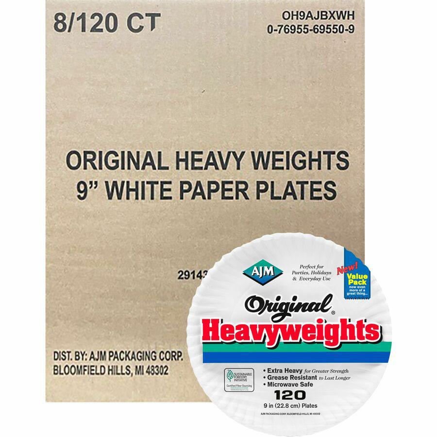 AJM 9" Original Heavyweight Plates - Serving, Reheating - Disposable - Microwave Safe - 9" Diameter - White - Paper Body - 120/Pack - 8 / Carton. Picture 9