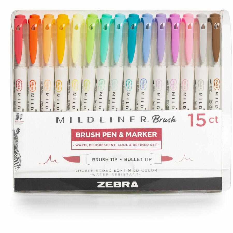Zebra MILDLINER Dual Ended Brush Pen & Marker Set - Assorted Ink - Pigment-based - White Barrel - 15 / Pack. Picture 4
