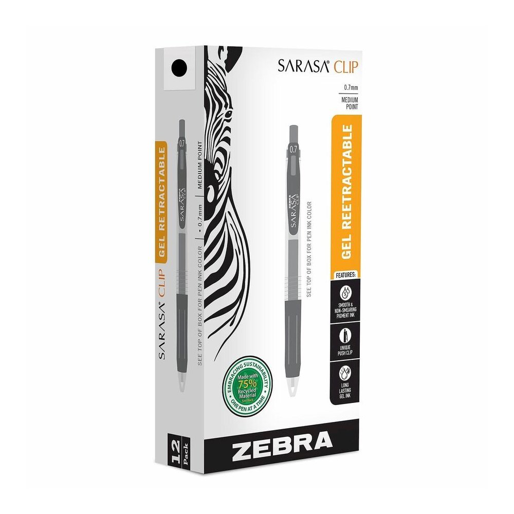Zebra Pen SARASA Clip Retractable Gel Pen - Retractable - Black Ink - Water Based, Pigment-based, Gel-based - 1 Dozen. Picture 3