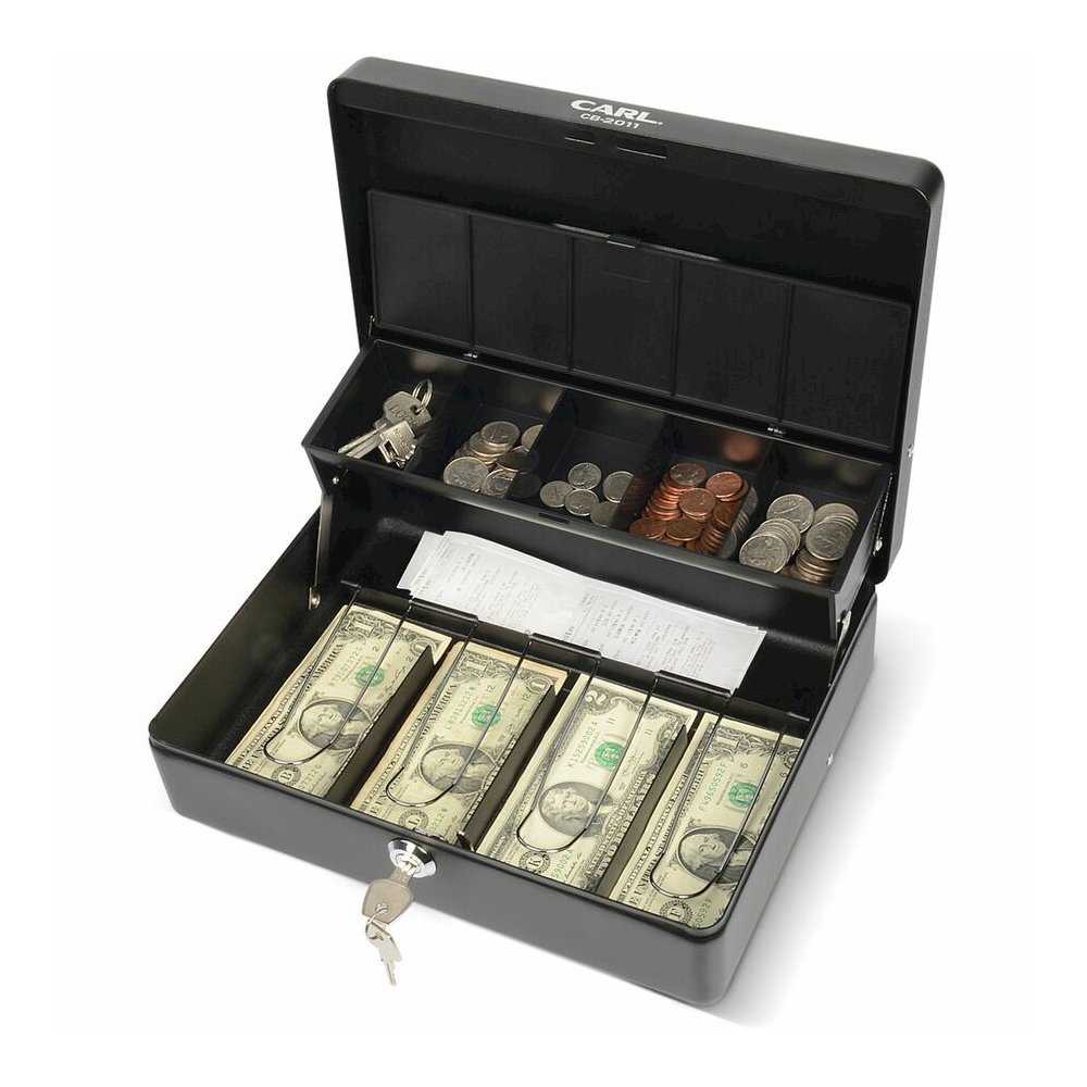 CARL Bill Slots Steel Security Cash Box - 4 Bill - 5 Coin - Steel - Black - 3.5" Height x 10" Width x 7" Depth. Picture 2