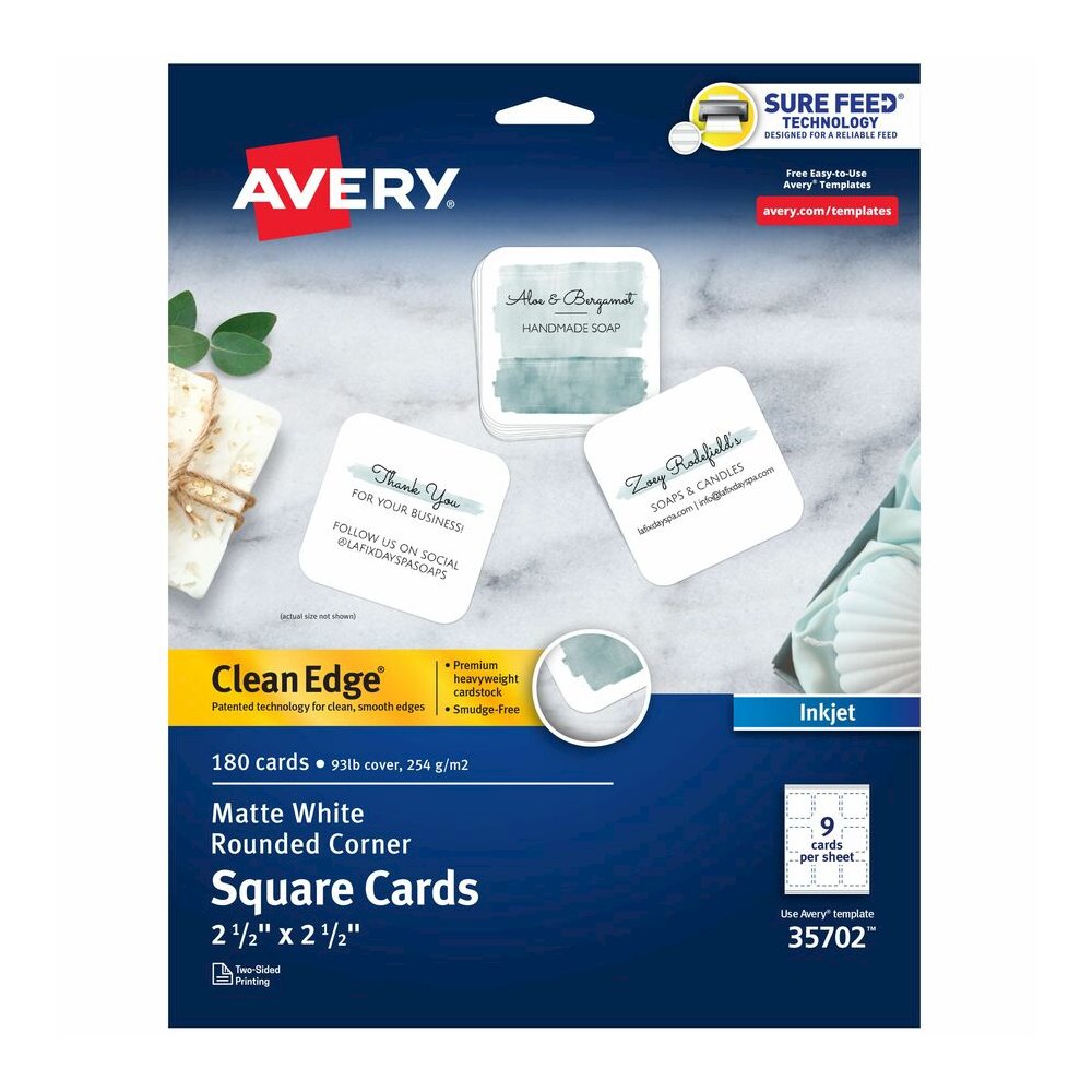 Avery&reg; Clean Edge Square Cards, Rounded Corners, 2.5" x 2.5" (35702) - 110 Brightness - 8 1/2" x 11" - 93 lb Basis Weight - 254 g/m² Grammage - Matte - Printable, Rounded Corner, Die-cut, Smo. Picture 2