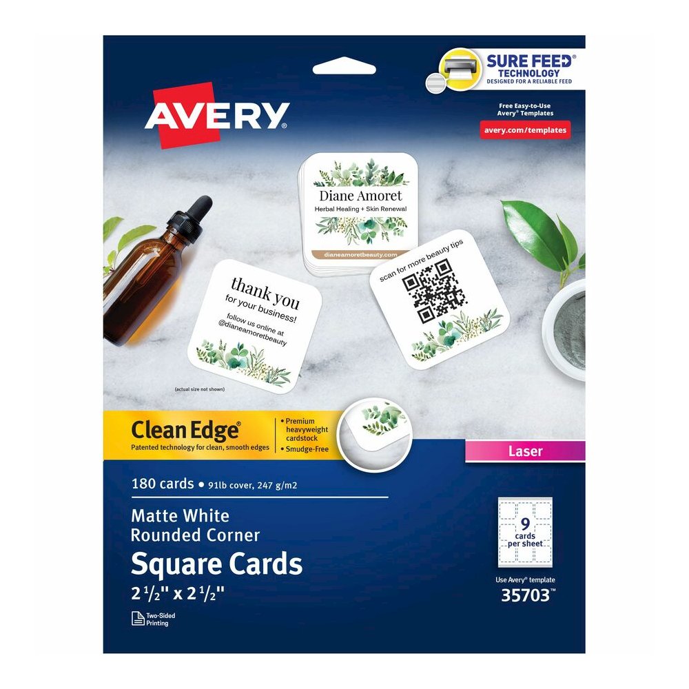 Avery&reg; Clean Edge Square Cards, Rounded Corners, 2.5" x 2.5" (35703) - 145 Brightness - A4 - 8 1/2" x 11" - 91 lb Basis Weight - 247 g/m² Grammage - Matte - Printable, Rounded Corner, Die-cut. Picture 4