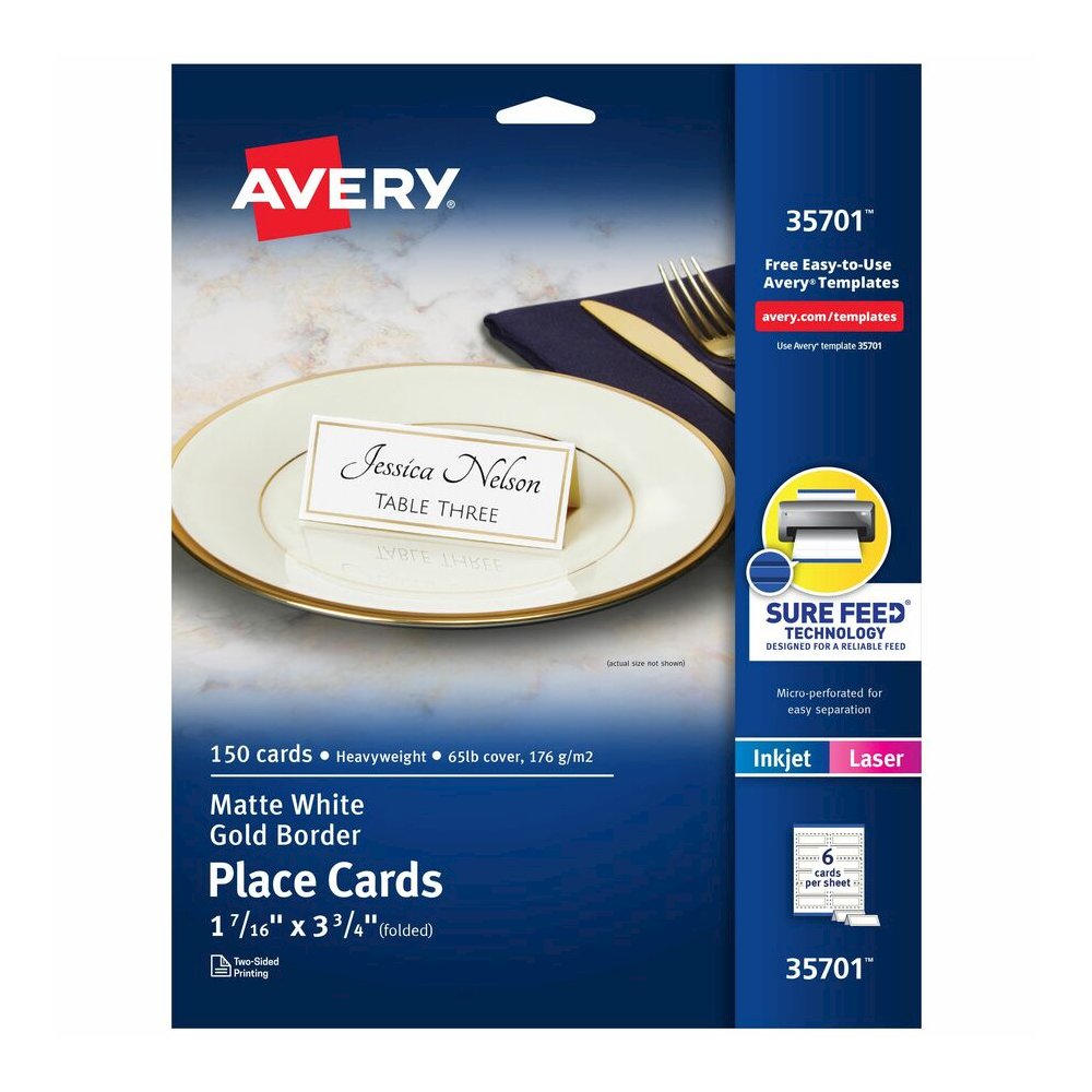 Avery&reg; Place Cards, 1-7/16" x 3-3/4" , Gold Border, 150 Cards (35701) - 97 Brightness - Letter - 8 1/2" x 11" - 65 lb Basis Weight - 176 g/m² Grammage - Matte - Perforated, Print-to-the-edge,. Picture 2