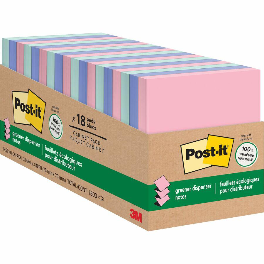 Post-it&reg; Greener Dispenser Notes - 3" Flag/Note Width x 3" Flag/Note Length - Square - 100 Sheets per Pad - Positively Pink, Fresh Mint, Moonstone - Paper - Self-stick, Removable, Recyclable, Pop-. Picture 7