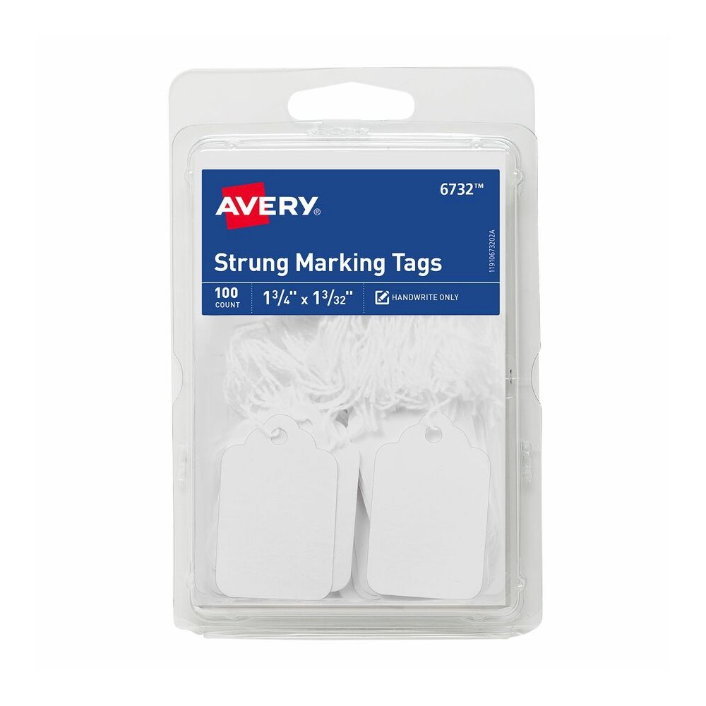 Avery&reg; Marking Tags, Strung, 1-3/4" x 1-3/32" , 100 Tags (6732) - 1.75" Length x 1.09" Width - Rectangular - String Fastener - Card Stock - White - 100/Pack - 1 Carton. Picture 2