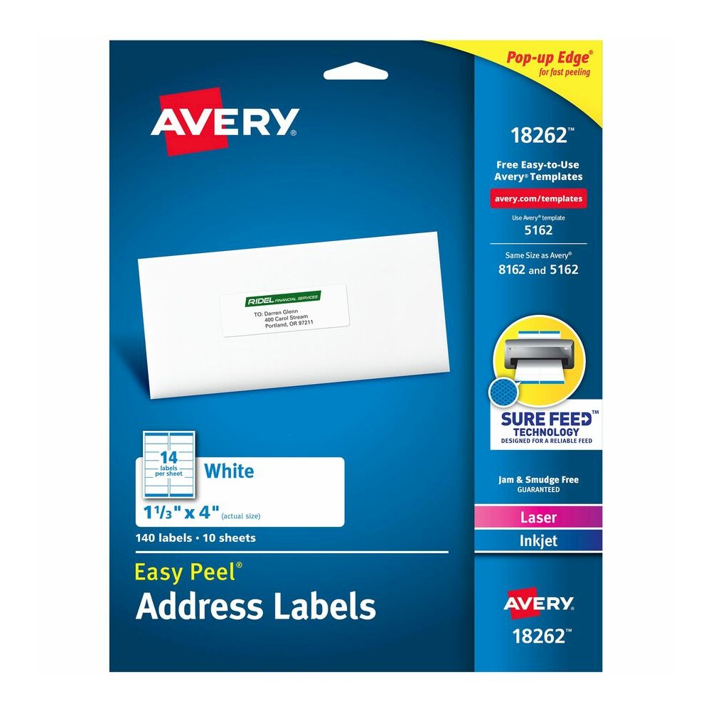Avery&reg; Easy Peel Address Label - 1 21/64" Widthss x 4" Length - Permanent Adhesive - Rectangle - Inkjet, Laser - Matte White - Matte - Paper - 14 / Sheet - 14 Total Sheets - 140 Total Label(s) - 1. Picture 5