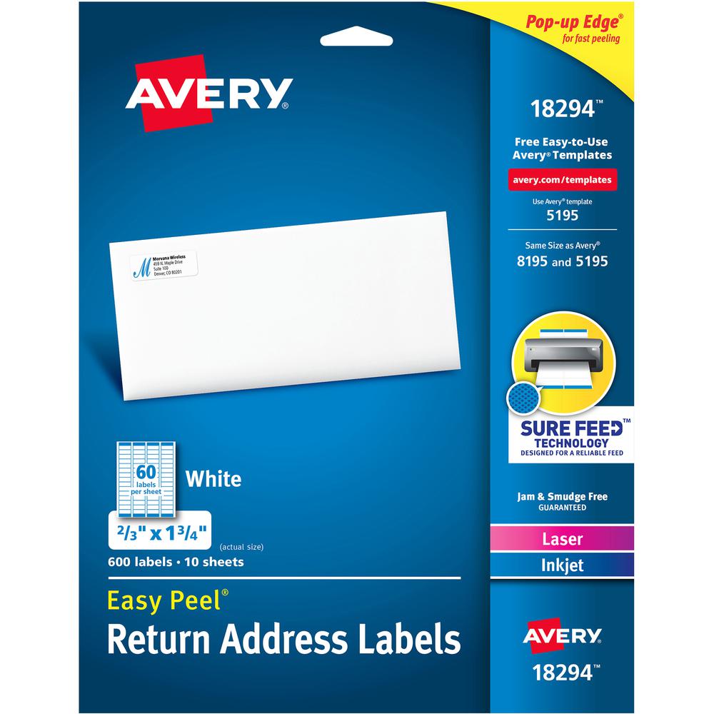 Avery&reg; Easy Peel Address Labels, 2/3" x 1-3/4" , 600 Labels (18294) - x 21/32" Width x 1 3/4" Length - Permanent Adhesive - Rectangle - Inkjet, Laser - Matte - White - Paper - 60 / Sheet - 10 Tota. Picture 2