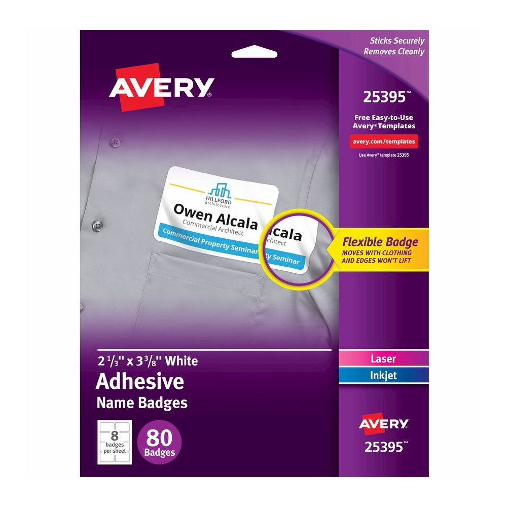 Avery&reg; Flexible Name Badges, 2-1/3" x 3-3/8" , Matte, 80ct (25395) - x 2 21/64" Width x 3 3/8" Length - Removable Adhesive - Rectangle - Inkjet, Laser - Matte - White - Film - 8 / Sheet - 10 Total. Picture 10