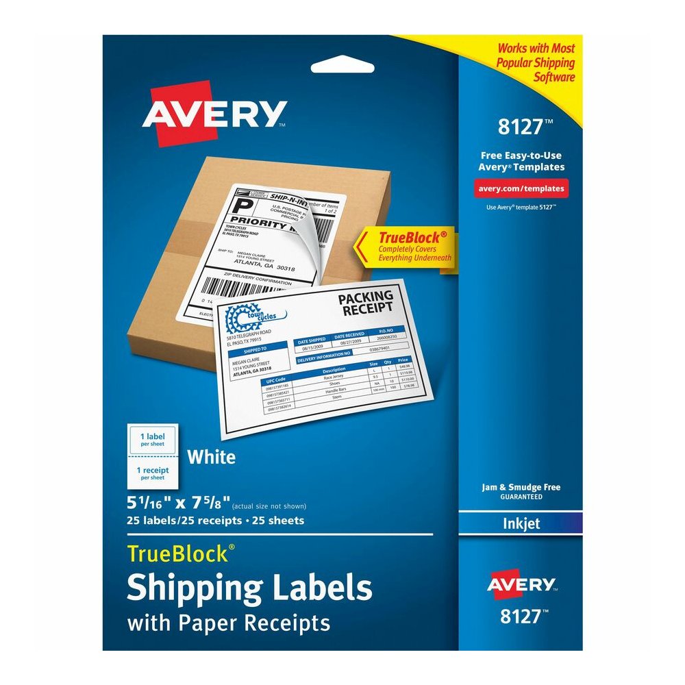 Avery&reg; TrueBlock Paper Receipt Shipping Labels - 5 1/16" Width x 7 5/8" Length - Permanent Adhesive - Rectangle - Inkjet - Matte - White - Paper - 1 / Sheet - 125 Total Sheets - 125 Total Label(s). Picture 2