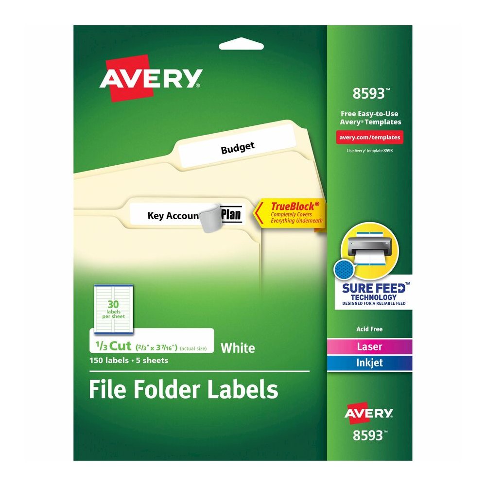 Avery&reg; TrueBlock File Folder Labels - 2/3" Widthss x 3 7/16" Length - Permanent Adhesive - Rectangle - Laser, Inkjet - White - Paper - 30 / Sheet - 20 Total Sheets - 600 Total Label(s) - 150/Pack . Picture 2