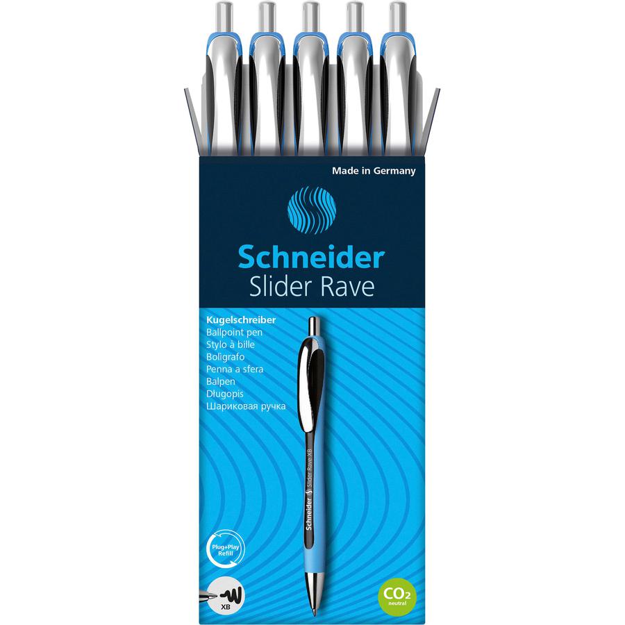 Schneider Slider Rave XB Ballpoint Pen - Retractable - Black Ink - Black Rubberized, Light Blue Barrel - Stainless Steel Tip - 5 / Pack. Picture 5