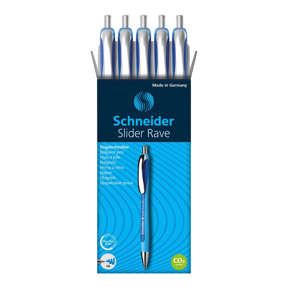 Schneider Slider Rave XB Ballpoint Pen - Retractable - Blue Ink - Blue Rubberized, Light Blue Barrel - Stainless Steel Tip - 5 / Pack. Picture 5