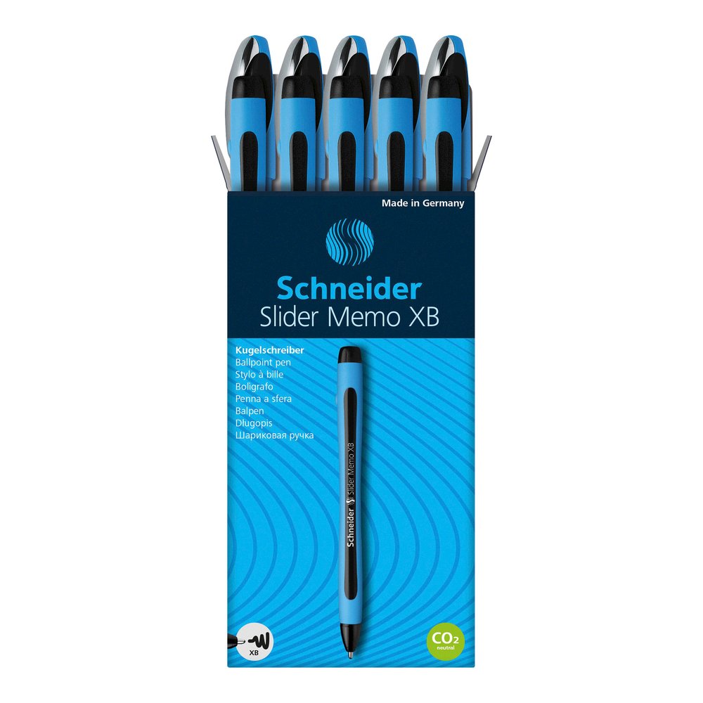 Schneider Slider Memo XB Ballpoint Pen - Black Ink - Black Rubberized, Light Blue Barrel - Stainless Steel Tip - 10 / Pack. Picture 7