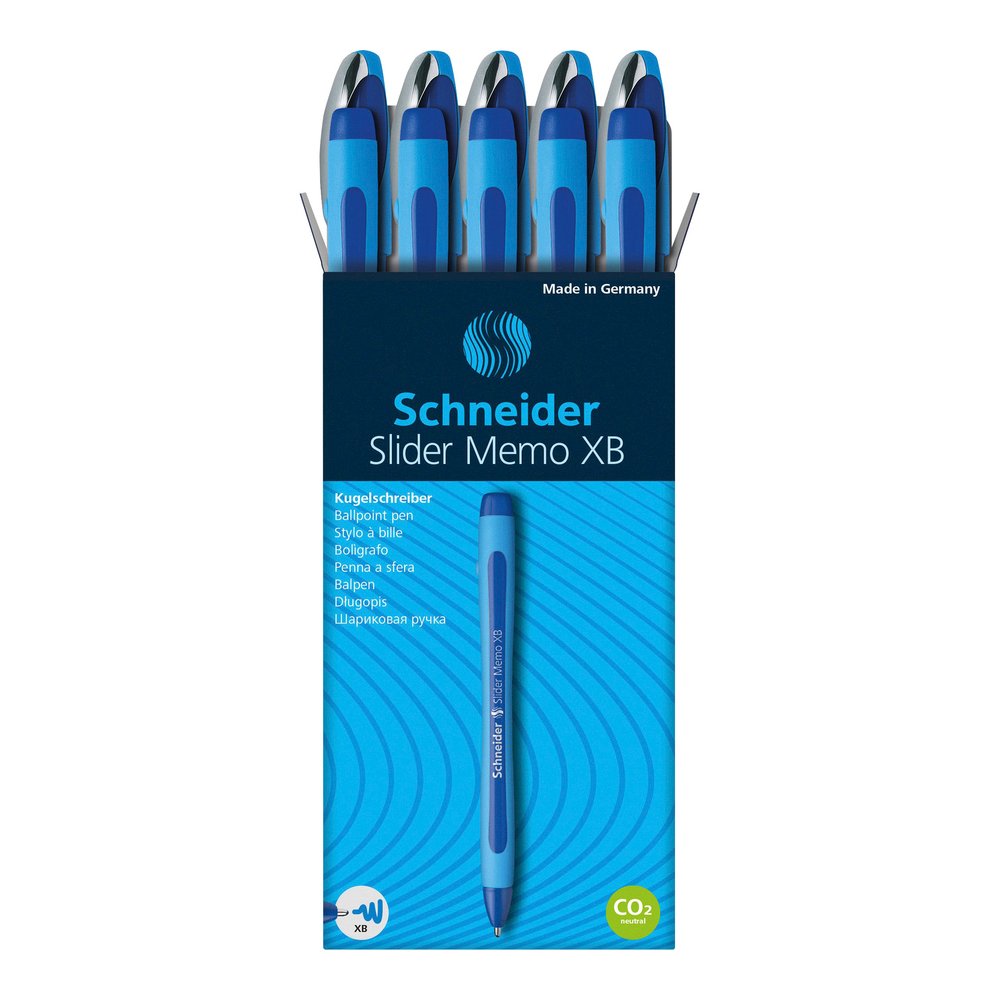 Schneider Slider Memo XB Ballpoint Pen - Blue Ink - Blue Rubberized, Light Blue Barrel - Stainless Steel Tip - 10 / Pack. Picture 7