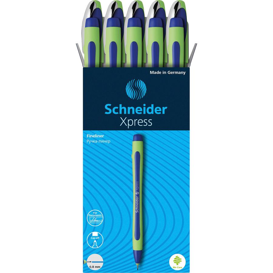 Schneider Xpress Fineliner Pen - Blue Ink - Blue Rubberized, Green Barrel - Stainless Steel Tip - 10 / Pack. Picture 7