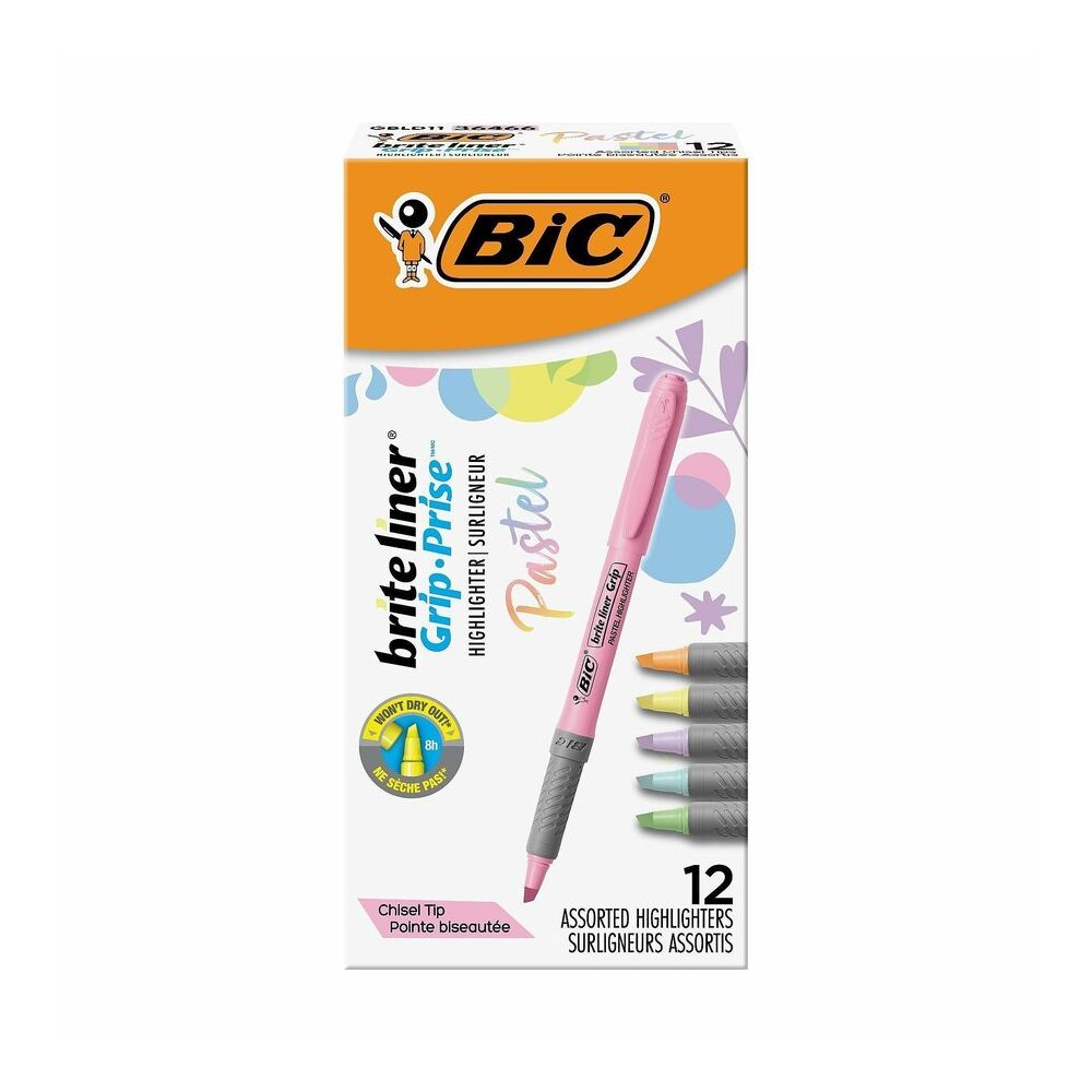 BIC Brite Liner Grip Highlighters, Assorted - Assorted, Pastel Yellow, Pastel Pink, Pastel Blue, Pastel Green, Pastel Purple, Pastel Orange Ink - 1 Dozen. Picture 2
