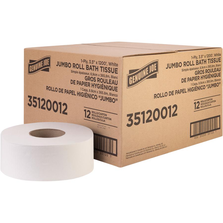 Genuine Joe 1-ply Jumbo Roll Bath Tissue - 1 Ply - 3.63" Width x 1200 ft Length - 8.88" Roll Diameter - White - Fiber - 12 / Carton. Picture 3