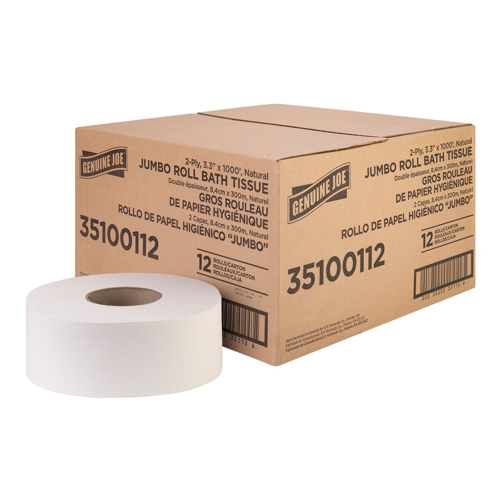Genuine Joe Jumbo Jr Dispenser Bath Tissue Roll - 2 Ply - 3.30" Width x 1000 ft Length - 8.88" Roll Diameter - White - Fiber - 12 / Carton. Picture 8