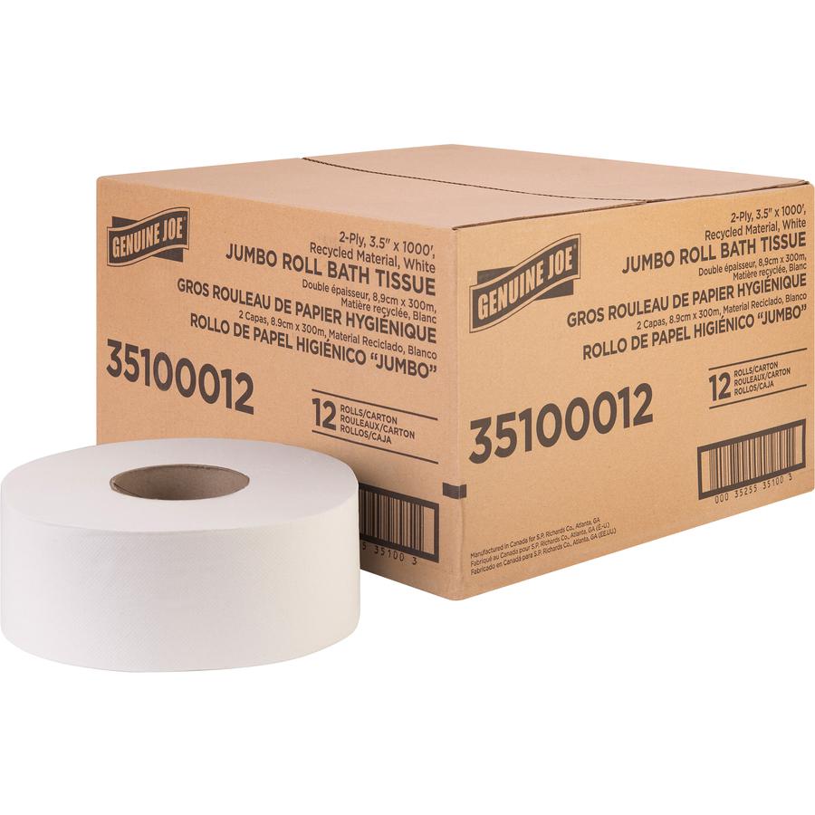 Genuine Joe Jumbo Jr Dispenser Bath Tissue Roll - 2 Ply - 3.50" Width x 1000 ft Length - 8.88" Roll Diameter - White - Fiber - 12 / Carton. Picture 7