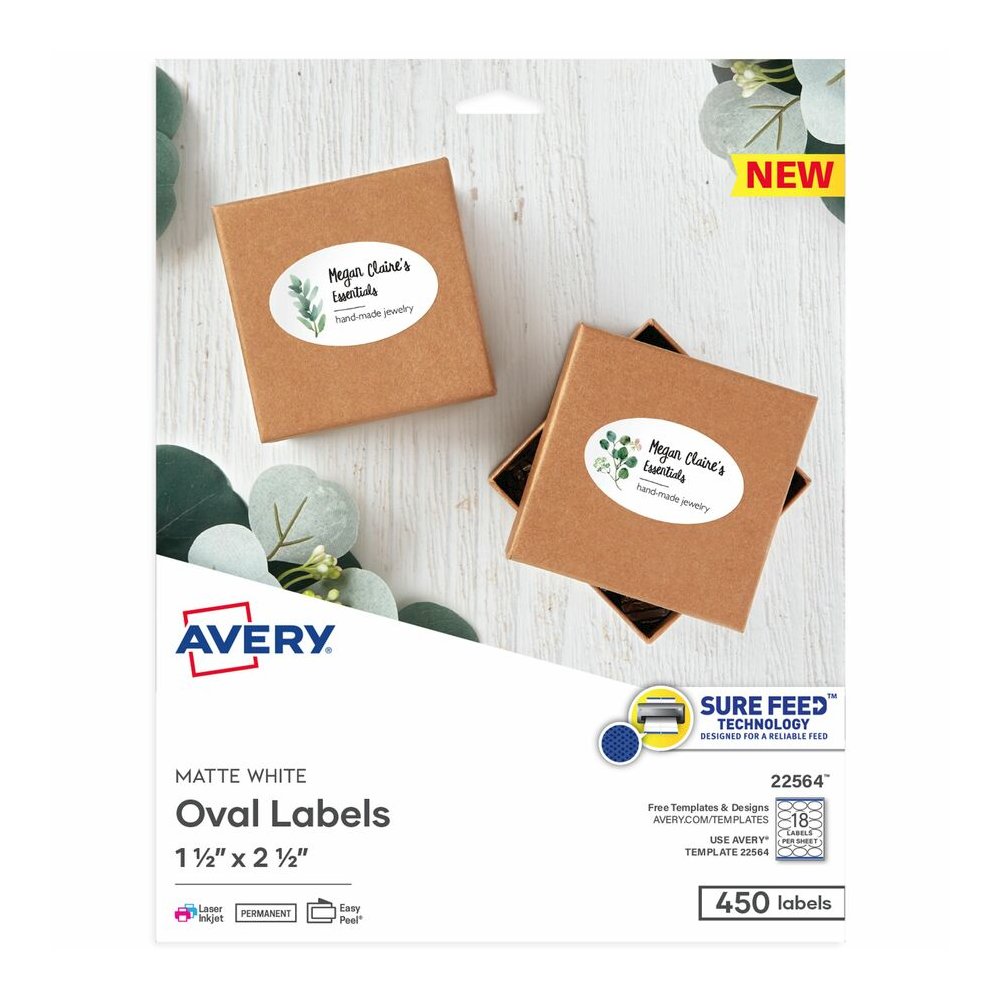 Avery&reg; Printable Oval Labels, 1.5" x 2.5" , White, 450 Labels (22564) - x 1 1/2" Width x 2 1/2" Length - Permanent Adhesive - Oval - Laser, Inkjet - Matte - White - Paper - 18 / Sheet - 25 Total S. Picture 5