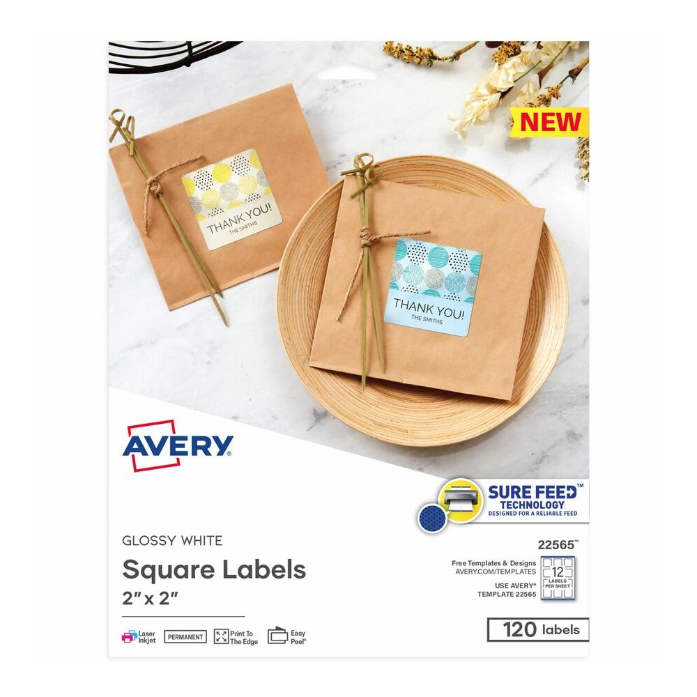 Avery&reg; Printable Square Labels, 2" x 2" , White, 120 Labels (22565) - Waterproof - x 2" Width x 2" Length - Permanent Adhesive - Square - Inkjet, Laser - Glossy - White - Paper - 12 / Sheet - 10 T. Picture 5