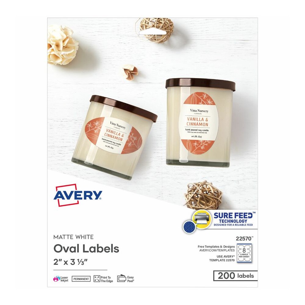 Avery Printable Oval Labels, 2" x 3-1/3" , White, 200 Labels (22570) - x 2" Width x 3 21/64" Length - Permanent Adhesive - Oval - Laser, Inkjet - Matte - White - Paper - 8 / Sheet - 25 Total Sheets - . Picture 5