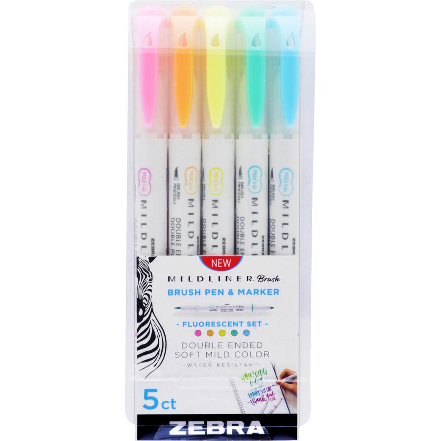 Zebra MILDLINER Dual Ended Brush Pen & Marker Set - Fine Marker Point - Brush Marker Point Style - Fluorescent Pink Pigment-based, Fluorescent Orange, Fluorescent Yellow, Fluorescent Blue, Fluorescent. Picture 4