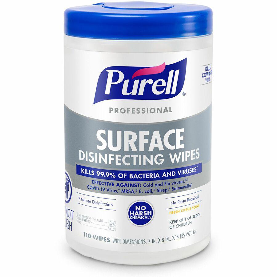 PURELL&reg; Professional Surface Disinfecting Wipes - Ready-To-Use - Fresh Citrus Scent - 8" Length x 7" Width - Disinfectant, Odor-free, Rinse-free, Durable, Chemical-free - 110/Tub - 1 Each. Picture 3
