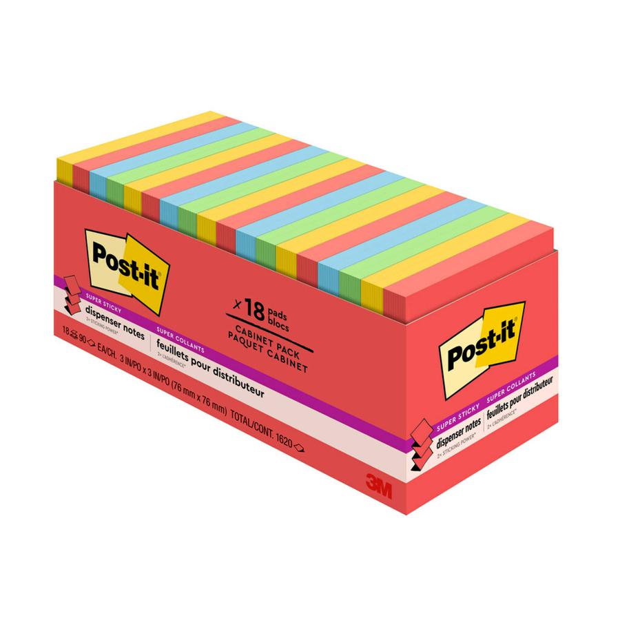 Post-it&reg; Super Sticky Dispenser Notes - Playful Primaries Color Collection - 3" x 3" - Square - Candy Apple Red, Blue Paradise, Sunnyside, Lucky Green - Paper - Pop-up, Recyclable - 18 / Pack. Picture 4