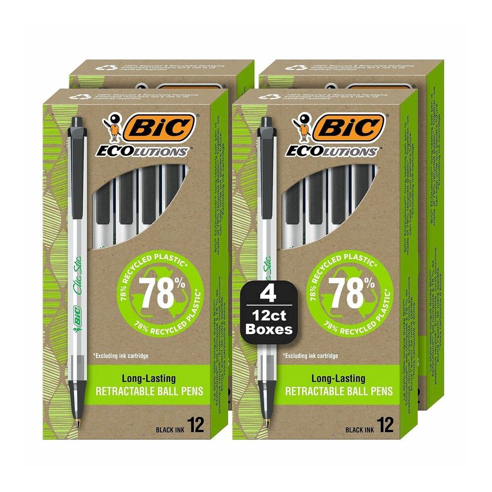 BIC Ecolutions Clic Stic Ballpoint Pen - Medium Pen Point - 1 mm Pen Point Size - Retractable - Black - Semi Clear Barrel - 48 / Pack. Picture 2