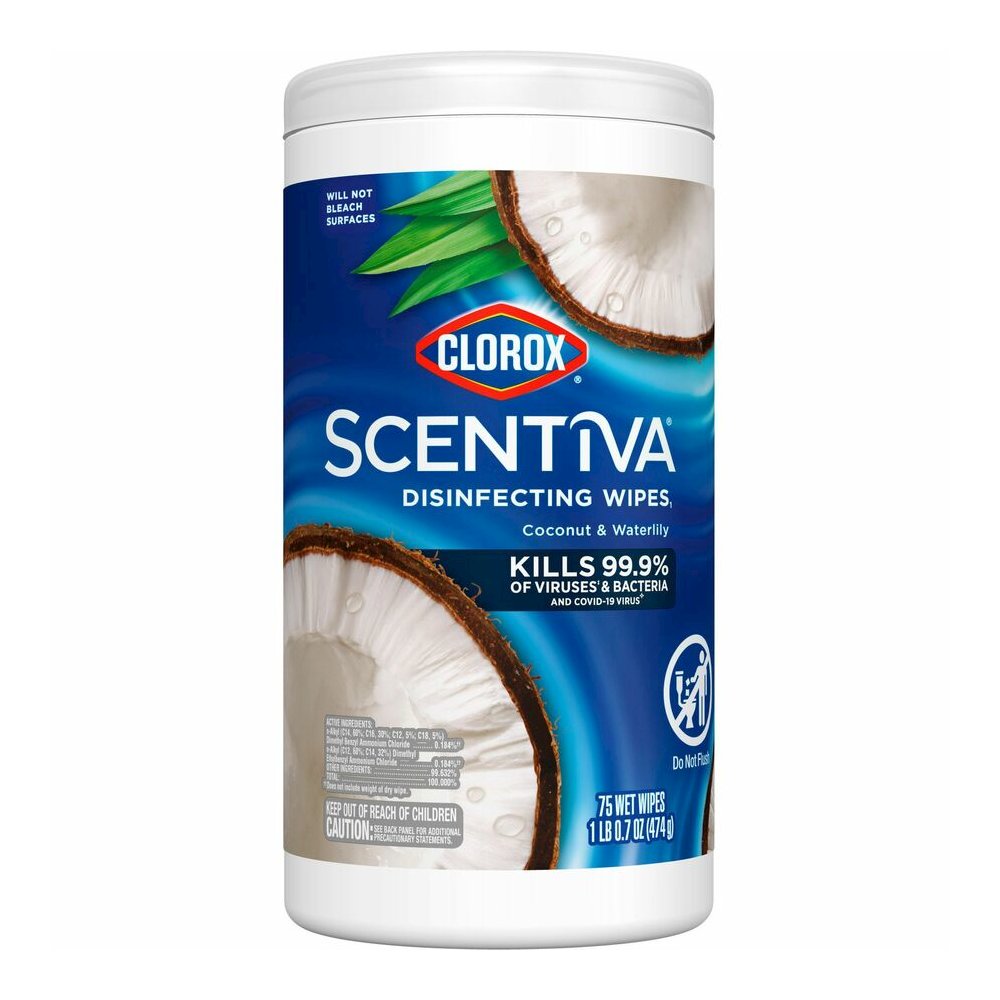Clorox Scentiva Wipes, Bleach Free Cleaning Wipes - Ready-To-Use - Coconut & Water Lily Scent - Bleach-free, Disinfectant, Deodorize - White - 75/Tub - 1 Each. Picture 2