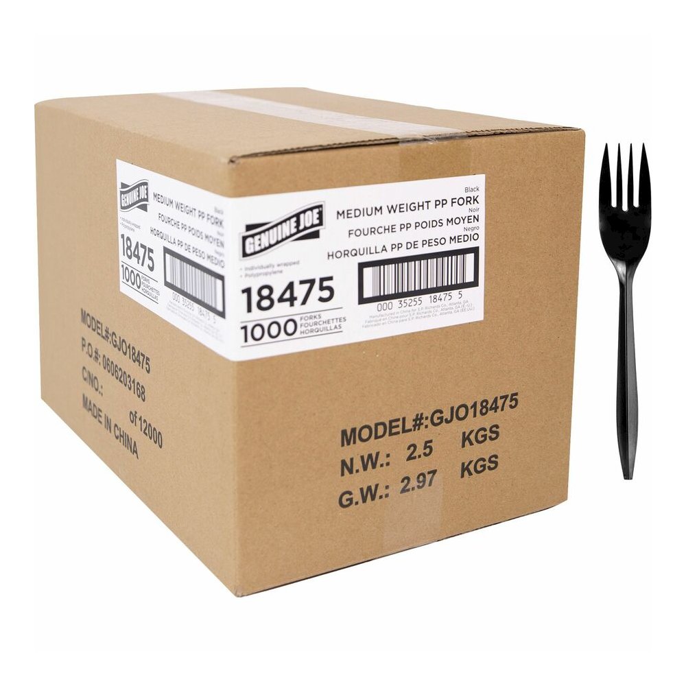 Genuine Joe Medium-weight Individually Wrapped Forks - Fork - Breakroom - Disposable - Polypropylene - Black - 1000 / Carton. Picture 6
