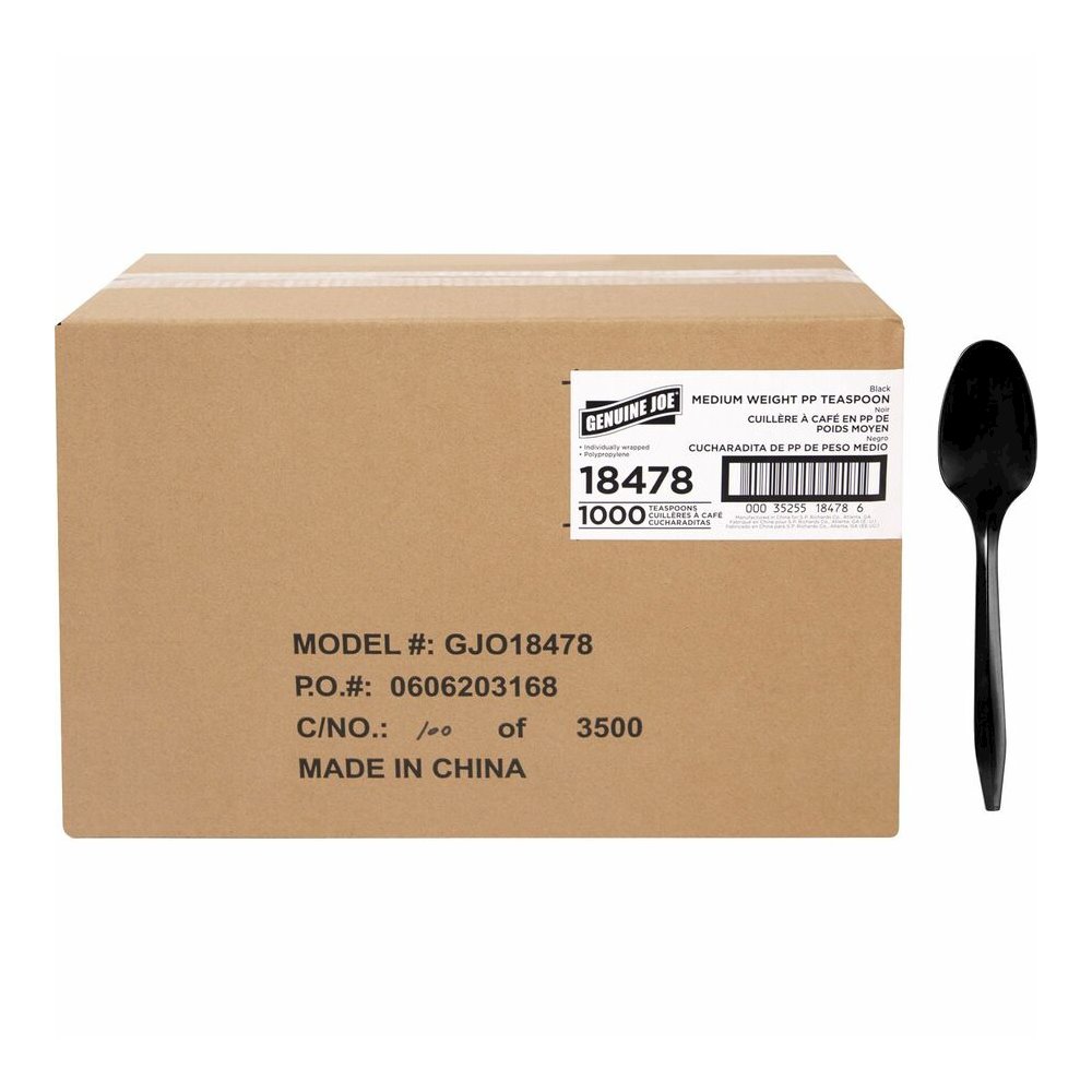 Genuine Joe Medium-weight Individually Wrapped Teaspoons - Teaspoon - Breakroom - Disposable - Black - 1000 / Carton. Picture 6