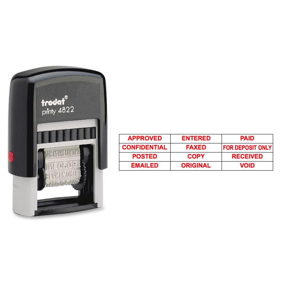Trodat 12-Message Stamp - Message Stamp - APPROVED, CONFIDENTIAL, COPY, EMAILED, ENTERED, FAXED, FOR DEPOSIT ONLY, ORIGINAL, PAID, POSTED, RECEIVED, ... - 0.38" Impression Width x 1.25" Impression Len. Picture 2