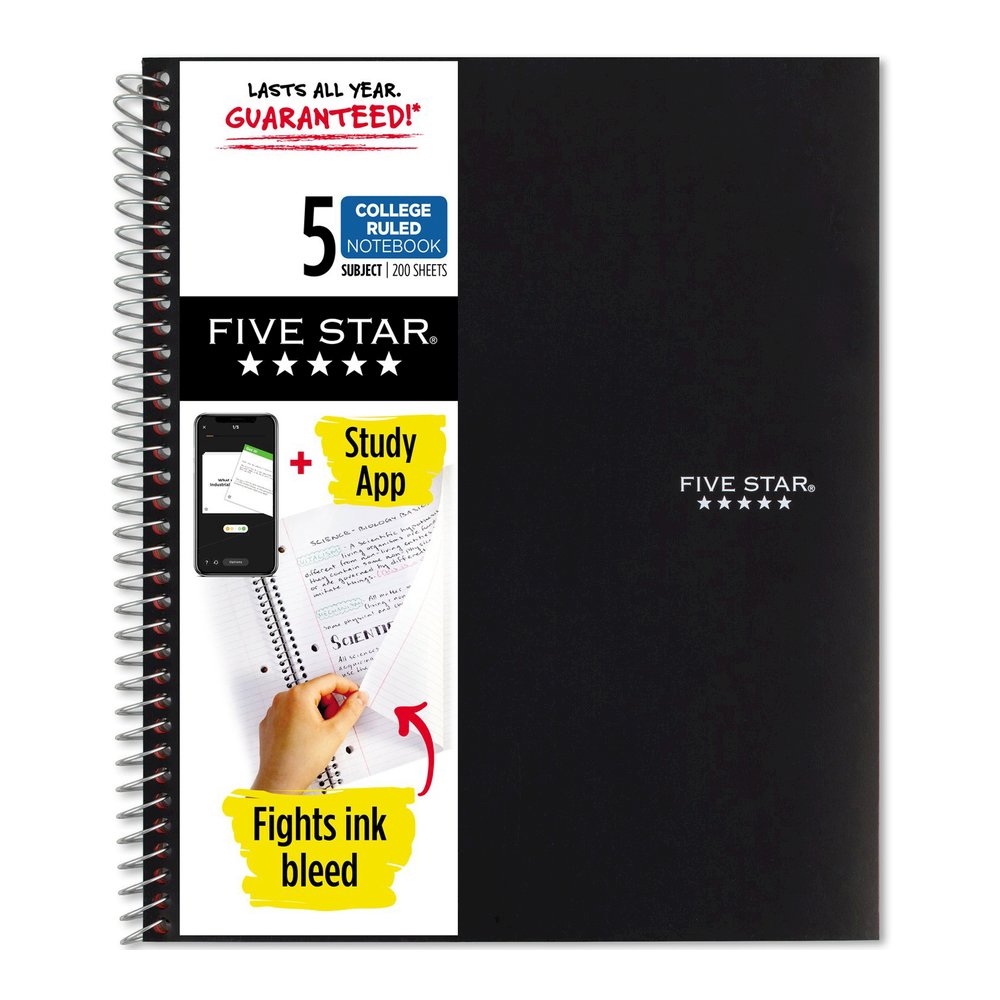 Five Star Notebook - 5 Subject(s) - 200 Sheets - Wire Bound - College Ruled Front Ruling - 3 Hole(s) - Letter - 8 1/2" x 11" Sheet Size - Black Cover - Bleed Resistant, Pocket, Perforated, Water Resis. Picture 1