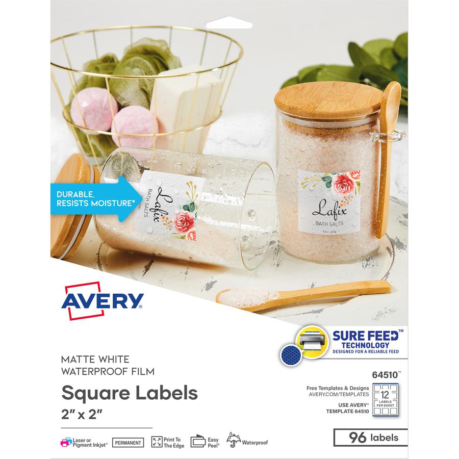 Avery&reg; Durable Waterproof Labels, 2" x 2" Square, 96 Total - Waterproof - x 2" Width x 2" Length - Full Sheet - Permanent Adhesive - Square - Inkjet, Laser - Matte - White - Film - 12 / Sheet - 8 . Picture 2