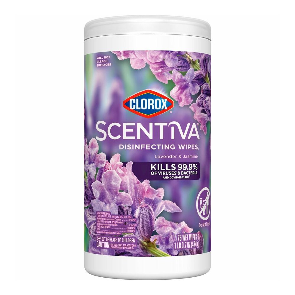 Clorox Scentiva Bleach-Free Cleaning Wipes - Lavender & Jasmine Scent - Bleach-free, Disinfectant, Long Lasting, Deodorize, Odor Neutralizer - White - 75 Tub - 1 Each. Picture 2