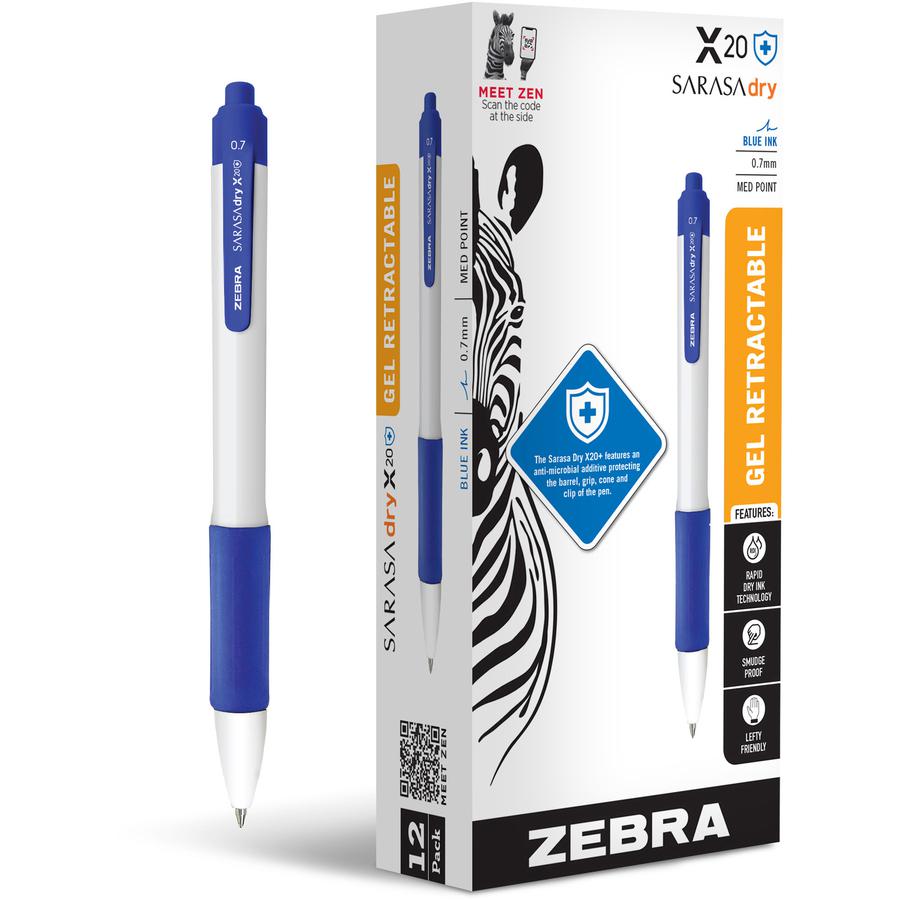 Zebra SARASA dry X20+ Gel Retractable RDI - Retractable - Blue Ink - Gel-based - White Plastic Barrel - Writing, Document, Classroom, Home, Office - 1 Dozen. Picture 2