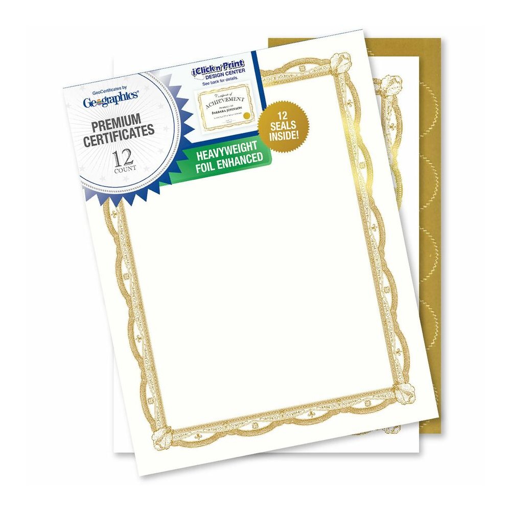Geographics Premium Certificates with Gold Seals - 65 lb Basis Weight - 11" Width - Inkjet Compatible - Gold, Assorted, Multicolor with Gold Border - Card Stock, Foil - 12 / Pack. Picture 7
