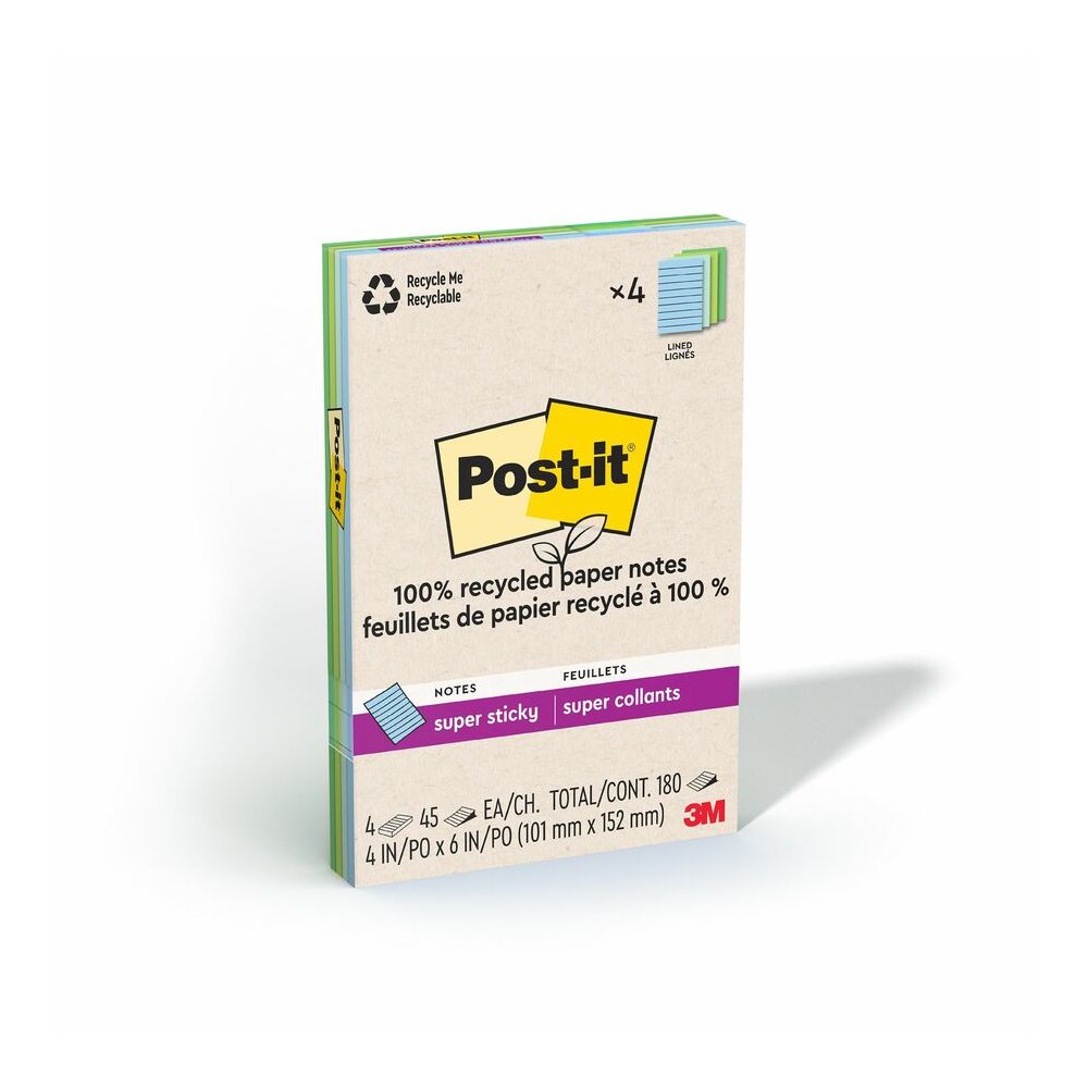 Post-it&reg; Super Sticky Adhesive Note - 180 - 4" Flag/Note Width x 6" Flag/Note Length - 45 Sheets per Pad - Assorted Oasis - Removable, Repositionable, Recyclable - Recycled - 4 / Pack. Picture 4