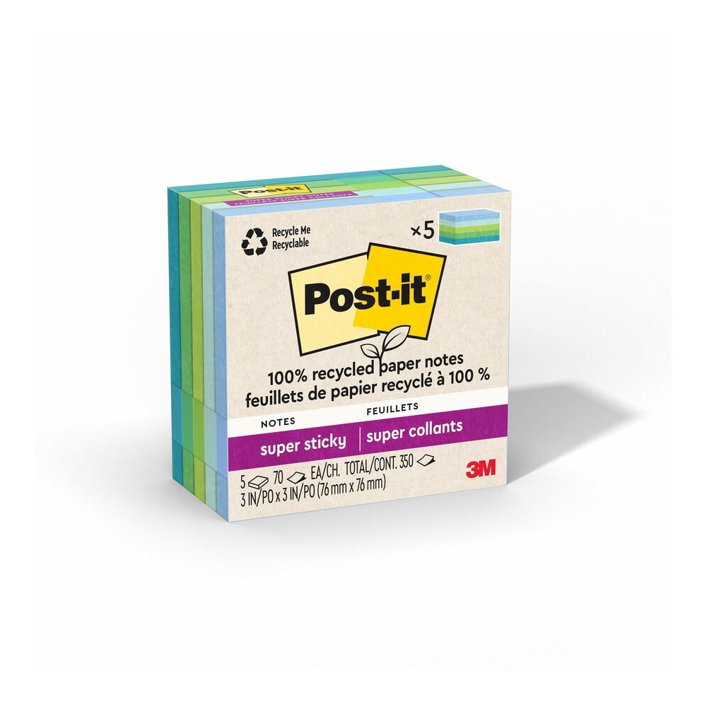 Post-it&reg; Super Sticky Adhesive Note - 350 - 3" Flag/Note Width x 3" Flag/Note Length - Square - 70 Sheets per Pad - Assorted Oasis - Removable, Repositionable, Recyclable - Recycled - 5 / Pack. Picture 4