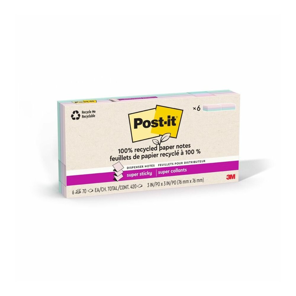 Post-it&reg; Super Sticky Adhesive Note - 420 - 3" Flag/Note Width x 3" Flag/Note Length - 70 Sheets per Pad - Assorted Wanderlust Pastel - Removable, Repositionable, Recyclable, Pop-up - Recycled - 1. Picture 3