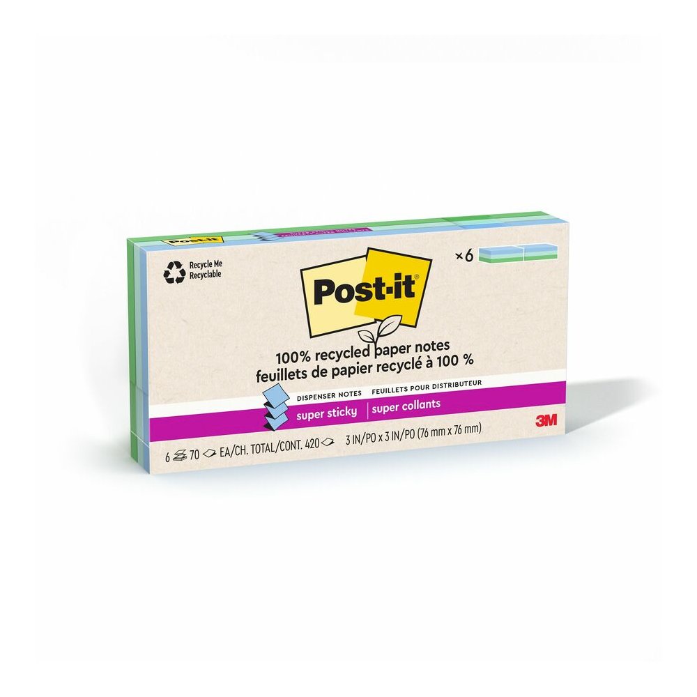 Post-it&reg; Super Sticky Adhesive Note - 420 - 3" Flag/Note Width x 3" Flag/Note Length - Square - 70 Sheets per Pad - Assorted Oasis - Removable, Repositionable, Recyclable, Pop-up - Recycled - 6 / . Picture 3