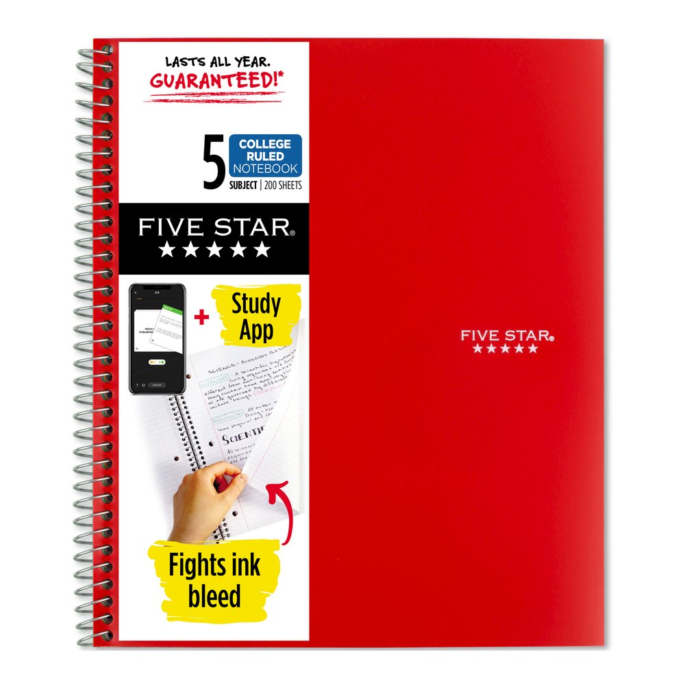 Five Star Wirebound Notebook - 5 Subject(s) - 200 Pages - Wire Bound - College Ruled Front Ruling - Letter - 8 1/2" x 11" Sheet Size - Red Cover - Double Sided Sheet, Durable, Water Resistant, Wear Re. Picture 1
