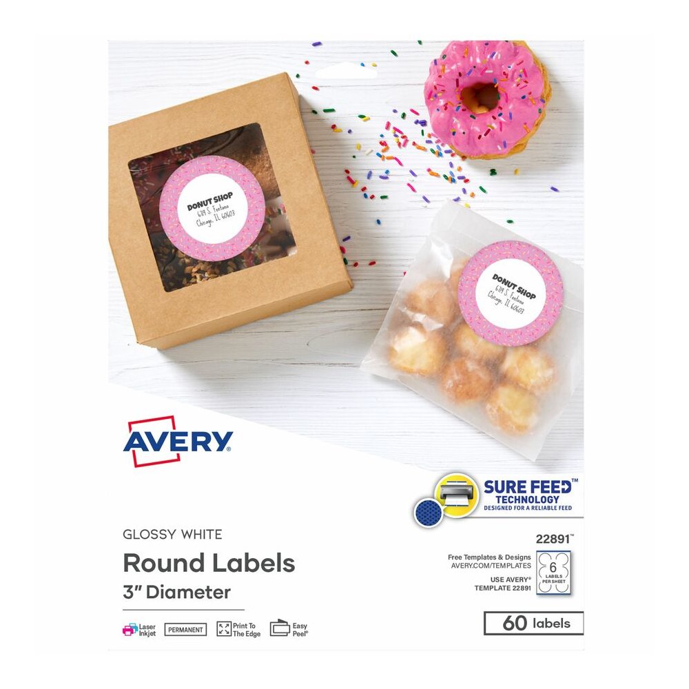 Avery&reg; Glossy White Labels, 3" Round, 60 Labels (22891) - x 3" Diameter - Permanent Adhesive - Round - Glossy - White - Paper - 6 / Sheet - 10 Total Sheets - 60 Total Label(s) - For Label Printer . Picture 3
