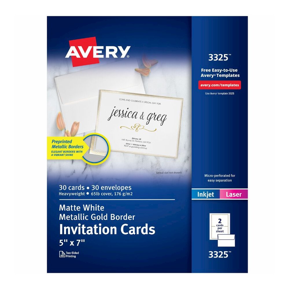 Avery&reg; Invitation Cards with Metallic Gold Borders - 5" Width x 7" Length - Rectangle - Inkjet, Laser - Matte - Matte White - Gold Border - Paper, Card Stock - 15 / Sheet - 2 Total Sheets - 30 / P. Picture 2