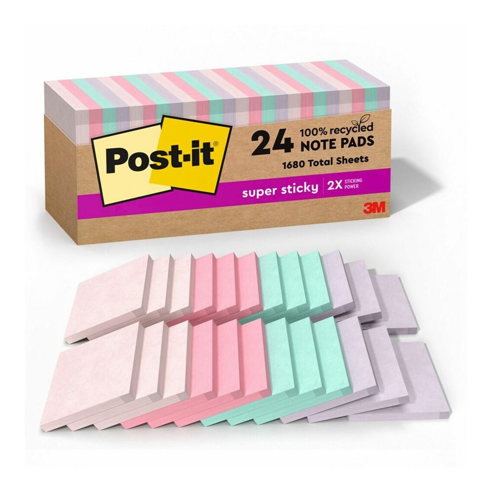 Post-it&reg; Recycled Super Sticky Notes - 70 - 3" Flag/Note Width x 3" Flag/Note Length - Square - 70 Sheets per Pad - Wanderlust Pastels - Adhesive - Recycled - 24 / Pack. Picture 3