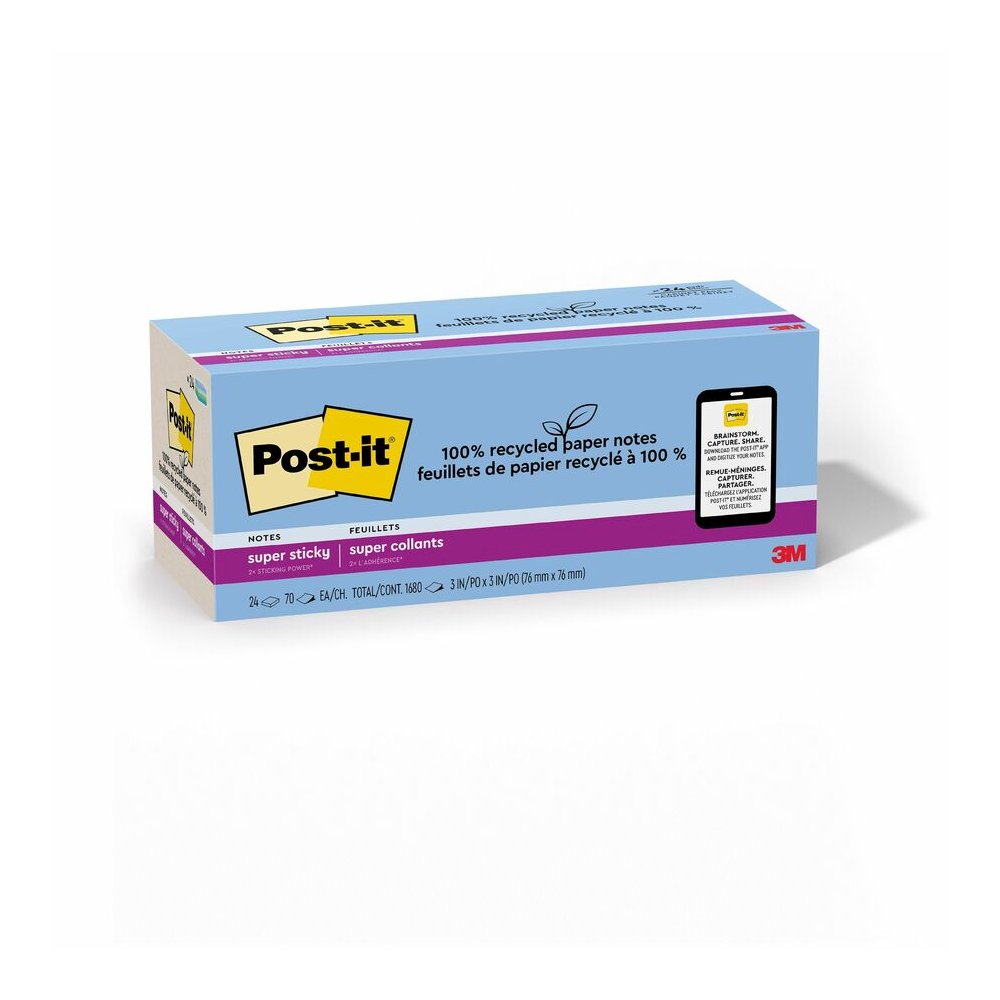 Post-it&reg; Recycled Super Sticky Notes - 70 - 3" Flag/Note Width x 3" Flag/Note Length - Square - 70 Sheets per Pad - Unruled - Assorted Oasis - Paper - Adhesive - Recycled - 24 / Pack. Picture 2