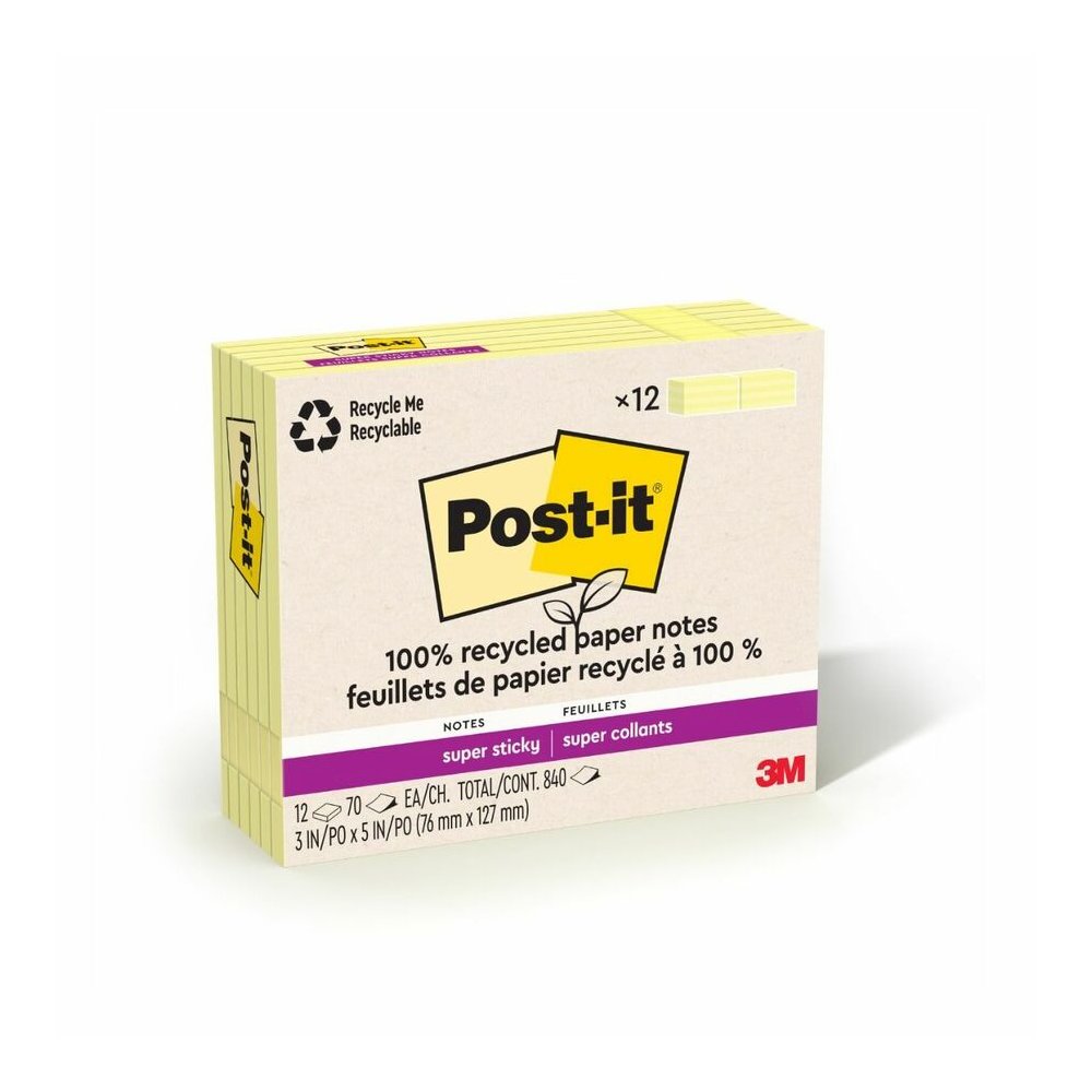 Post-it&reg; Recycled Super Sticky Notes - 90 - 3" Flag/Note Width x 5" Flag/Note Length - Rectangle - 70 Sheets per Pad - Canary Yellow - Adhesive - Recycled - 12 / Pack. Picture 4